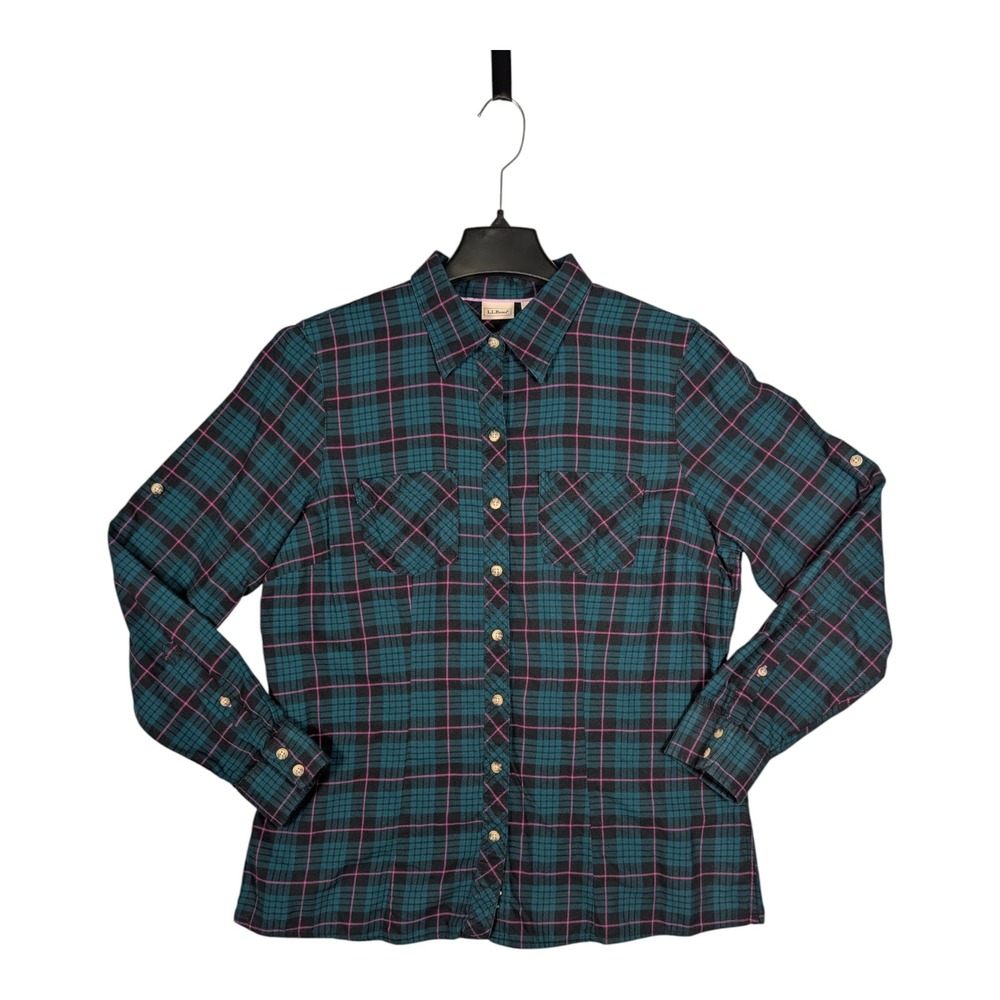 L.L. Bean Green and Pink Plaid Button-Down Shirt